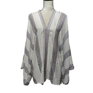 Sim & Sam Women's Sz L/XL White Blue Metallic Beach Cover Up Kimono Open Front